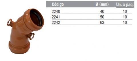 Codo a 45° H-HC con sujeción